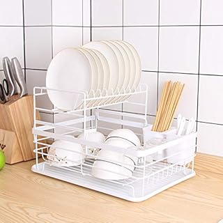 BULKARRAY Dish Drainer, 2 Tier Dish Rack, Stainless Steel Dish Drying Rack with Removable Plate Rack White