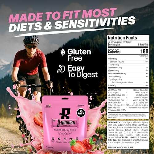 Image of Braven Bar Strawberry Energy Bars (1.59 oz, Pack of 10) - Performance Fuel On the Go - Soft & Chewy Candy-Like Texture - 13 Vitamins & Minerals - No Caffeine, No Crash - No Artificial Dyes - Gluten Free