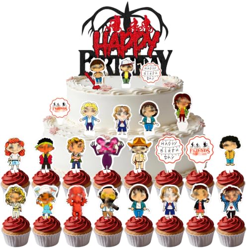 25Pcs Stranger Cake Topper Happy Birthday Cake Toppers Decor Stranger Inspired Party Cakes Decoration Supplies Childrens Birthday Cakes Decor for Boys and Girls Birthday Party