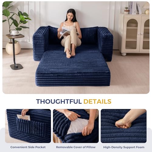 Image of MAXYOYO Convertible Sofa Bed, 2 in 1 Folding Couch Bed for Small Space, Pull Out Loveseat Sofa Couch with Large Back Pillow, Plush Faux Fabric Lounge Couch for Living Room, Apartment, Navy