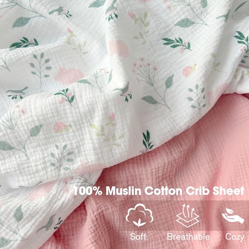 Image of Little Grape Land Muslin Crib Sheets Fitted for Boys and Girls 2 Pack, 100% Cotton Baby Bed Sheets Soft Breathable, Neutral Fitted Baby Mattress Sheets for Standard Crib 52x28 inches, Pink Bunny