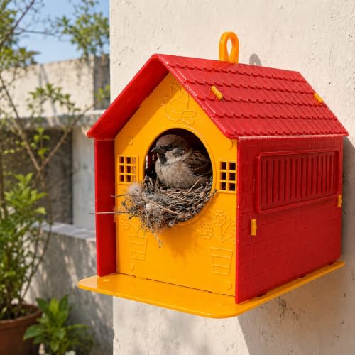 Image of Ecurfu Sparrow House for Balcony & Garden | Hanging Bird Nest with Feeding Tray | Bird House for Sparrows & Small Birds (Orange & Yellow)
