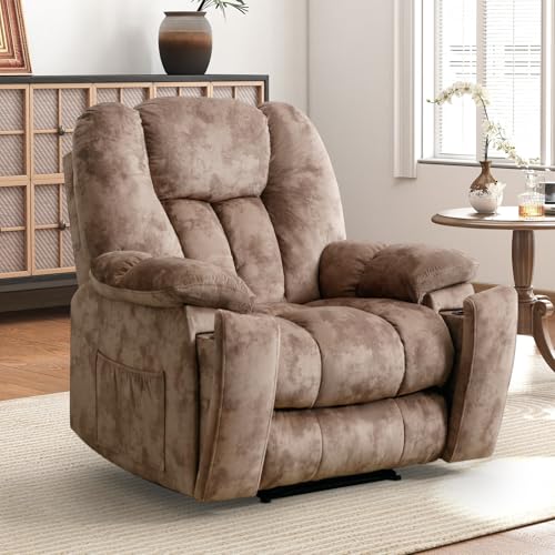 Phoenix Home Manual Recliner Chair for Adults with Massage and Heat, Overstuffed Fabric Reclining Chair, Oversized Recliners with 2 Cup Holders and Side Pockets for Living Room, Bedroom, Brown
