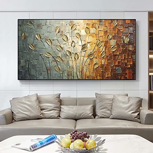 Décoration d'intérieur dorée et peinture abstraite grand format 110x220 - 4