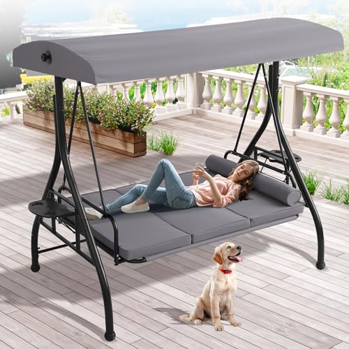 Grepatio Outdoor Porch Swing with Canopy and Stand, 3...