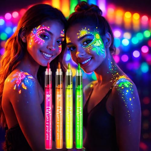 4PCS Neon Face Paint Kit with Face Paint Pens and Body Paint Glitter Face Paint and Neon Paint Set Facepaint for Festival Accessories Party Accessories for Adults Portable(Pink+Orange+Yellow+Green)