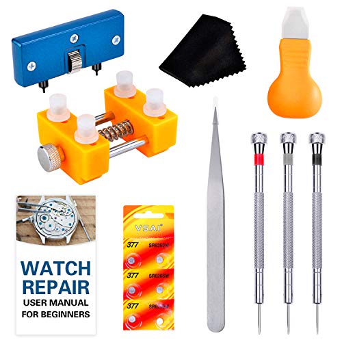 Watch Battery Replacement Tool Kit, Cridoz Watch Back Remover Tools with Watch Opener, Watch Holder, Watch Screwdrivers, 377 Watch Batteries and Instruction Manual for Watch Repair and Battery Replace