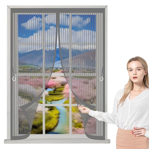 Screen Mesh Curtain 114 x 103 cm with Powerful Magnets & Full Frame Magic Tape, Keep Bugs Out & Lets Fresh Air in Insect Protection Curtain for All Types of Windows, Grey
