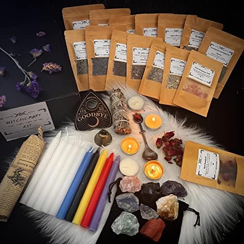 【New 2022】Witchcraft Supplies Kit 43Packs with Natural Dried Herbs White Sage and Colored Magic Candles Healing Crystals etc for Beginners Witches or Wizards for Witch Spell Pagan Altar Gift