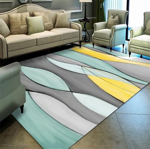 Tapis art déco à motifs rayés gris jaune haute densité