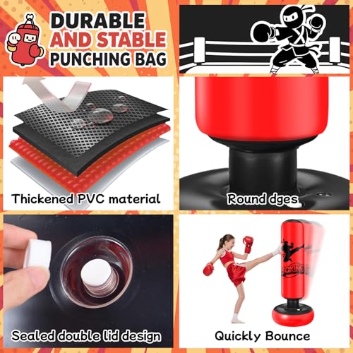 Ninonly Boxsack Kinder Stehend mit Boxhandschuhen 160cm Ultra Verstärkte PVC Aufblasbarer Boxsack Standboxsäcke für Kinder Geschenk für Jungen & Mädchen im Alter von 3-12 Jahren für Karate,Taekwondo