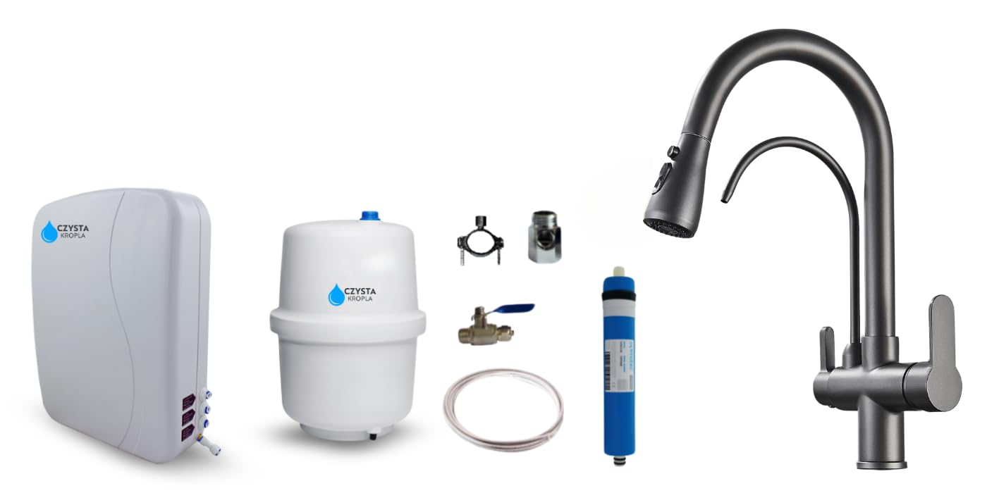 Ari 3-Wege Küchenarmatur Spültischarmatur Ausziehbarer Auslauf Graphit 360-Grad Nordic im Set mit Untertisch Umkehrosmose Wasserfilter Trinkwasseranlage RO7 SLIM