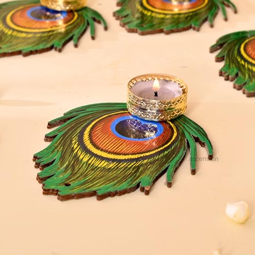 Image of Ascension Decorative Peacock Tealight Candle Holder Stand Set of 4 Mor Pankh Design Reusable Diya for Diwali Decor Rangoli Decoration Items, Home Decor, Diyas Indoor Outdoor Office Gifting, (Big)