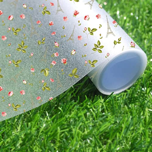 CVANU Flower-Leaf with Eiffel Tower Print Window Film Privacy Heat Control Self Adhesive Decorative Film Vinyl Sheet for Home/Bathroom/Office/Kitchen Window Multicolor Size (12"x240"inch)_C31