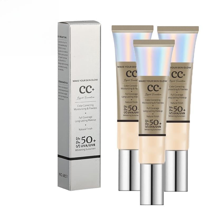 Base de Maquillaje,Hidratante Y Uniformadora,Una Visible y Acabado Natural,Base de Maquillaje CC Cream de Larga Duración,Corrector Hidratante,Resistente al Agua y a Las Manchas,30g*3pc