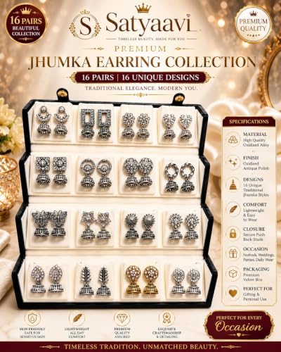 Image of Mirakii Jewels 16 jhumka Earrings with premium box Earrings Combo for Women & Girls | Traditional Oxidized Silver & Gold Plated Ethnic Earring Set | Multi-Design Jhumki Collection with Premium Gift Box | 16 pair jhumka box