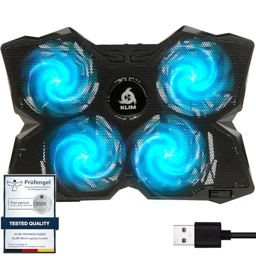 KLIM Wind Laptop Cooling Pad - More than 500 000 units sold - The Most Powerful Rapid Action Cooling Fan - Laptop Stand with 4 Cooling Fans at 1200 RPM - USB Fan - PS5 PS4 - Cyan