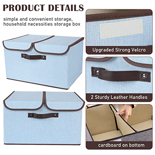 Shellkingdom Large Storage Bins, Foldable Linen Fabric Storage Cubes Organizer With Lid, Leather Handles, Removable Divider For Home, Closet, Toys, Cloth Storage Boxes - 16.5X11.8X9.8'', 2 Pack (Blue) #TOP4