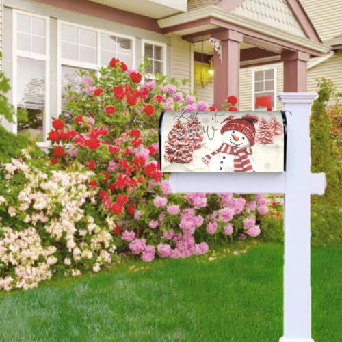 Image of Red Snowman Mailbox Cover Magnetic- 21x18 Inch Standard Size- Winter Pine Tree Bird Xmas Snowflake Waterproof Mailbox Wrap Post Cover for Yard Garden Outside Ourdoor Christmas Decor