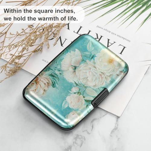 Image of ELFISH Mini RFID Aluminum Wallet Credit Cards Holder Business Card Case Metal ID Case for Men Women, White peony