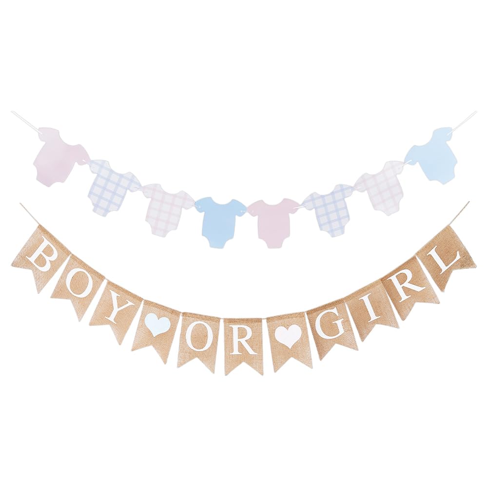 DICOSMETIC 2Pcs 2 Styles Gender Reveal Party Banner Paper Jute Banner Neutral Gender Reveal Decor Pink Blue Bodysuit Banners Genders Burlap Banners for Birthday Baby Shower Party Decorations