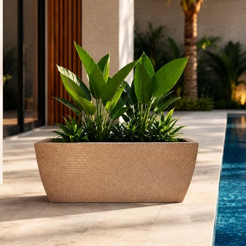 Image of Go Hooked Rectangular Leios Planter Pot 24x11 Inch | Sandstone Ribbed Design Plastic Flower Pot for Indoor Outdoor Garden Balcony Terrace Living Room | Decorative Long Plant Container