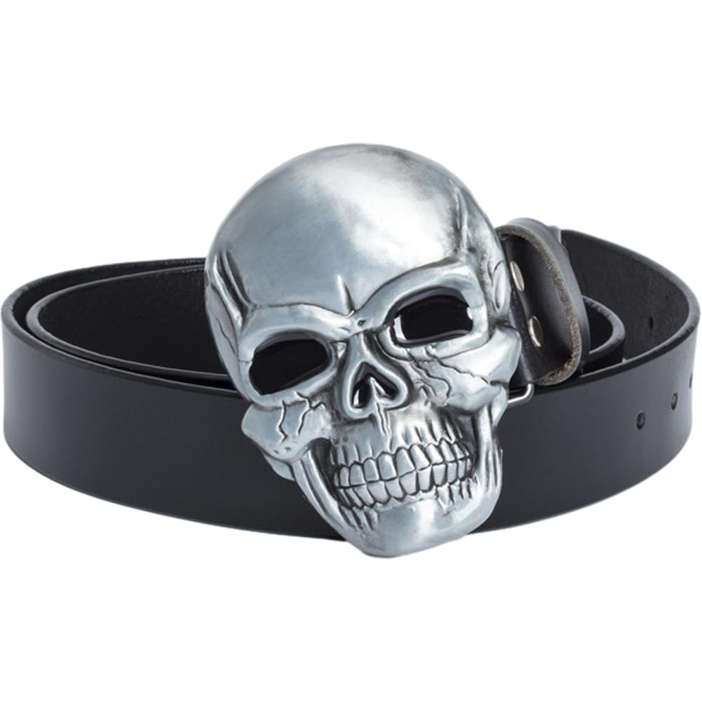 Fituenly Men's Black Belt Skull Buckle Leather Waistband Casual Alloy Ghost Head Buckle Decorative Belt Halloween