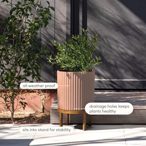 Image of Veradek Demi Series Raised Planter - Round Planter with Stand | Made From a Durable Plastic-Stone Composite & Comes With Wooden Stand. Modern Porch /Patio Decor