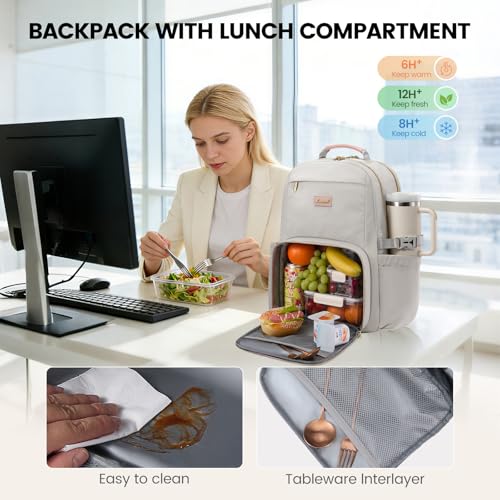Image of LOVEVOOK Lunch Backpack with Lunch Compartment,15.6 Inch Laptop Work Travel Insulated Cooler Backpack Purse, Waterproof College Teacher Lunch Bag Box with Tumbler Holder,Gifts for Men Women,Gray-Pink