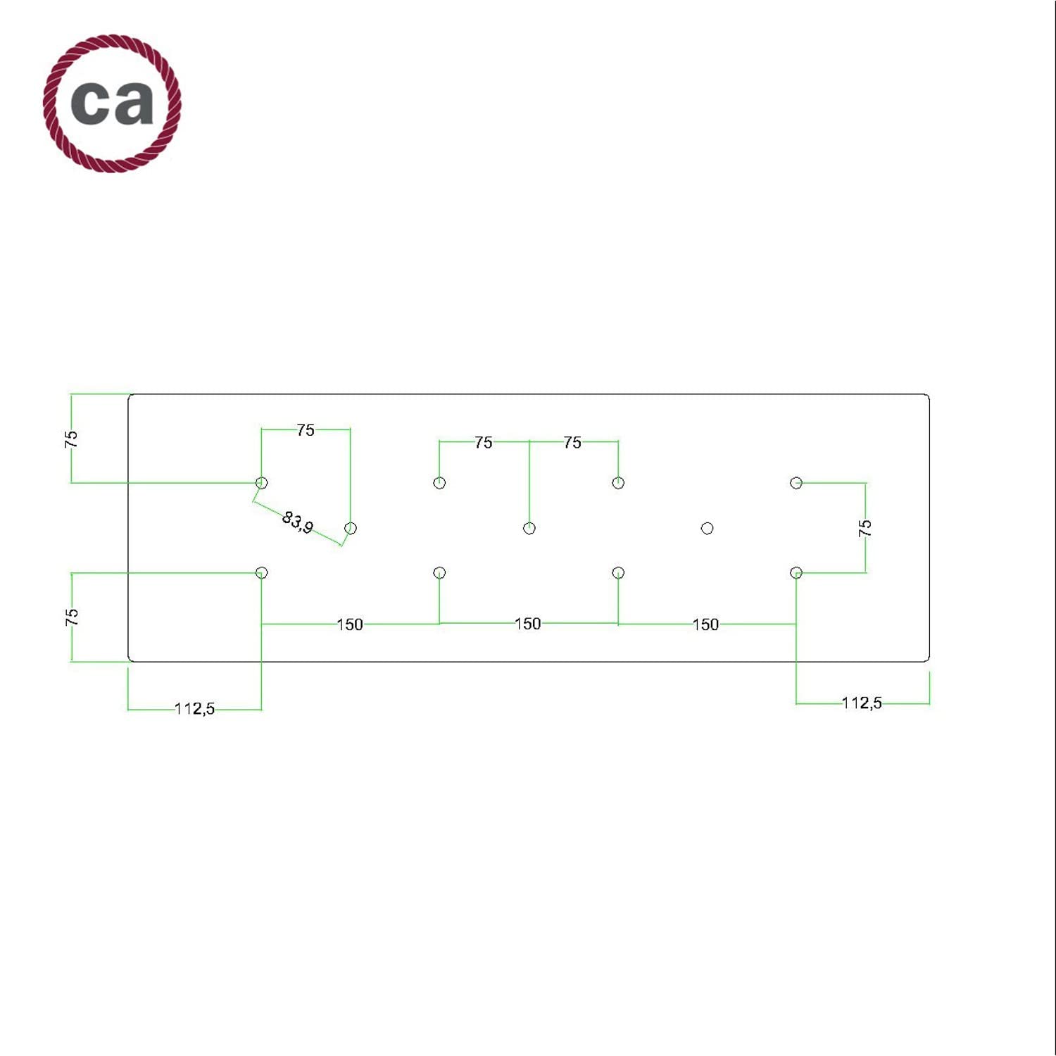 creative cables Rosone XXL rettangolare bianco linea Rose-One (serracavo conico, dibond bianco opaco, 11 fori e 6 fori laterali) – Per lampadari e sospensioni multiple