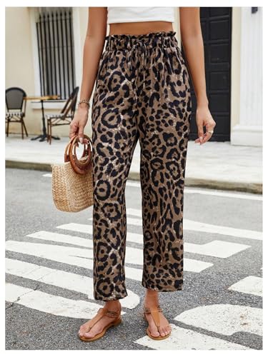 MakeMeChic Women's Leopard Print Pants Straight Leg Pants Elastic Waist Tie Front Trousers3