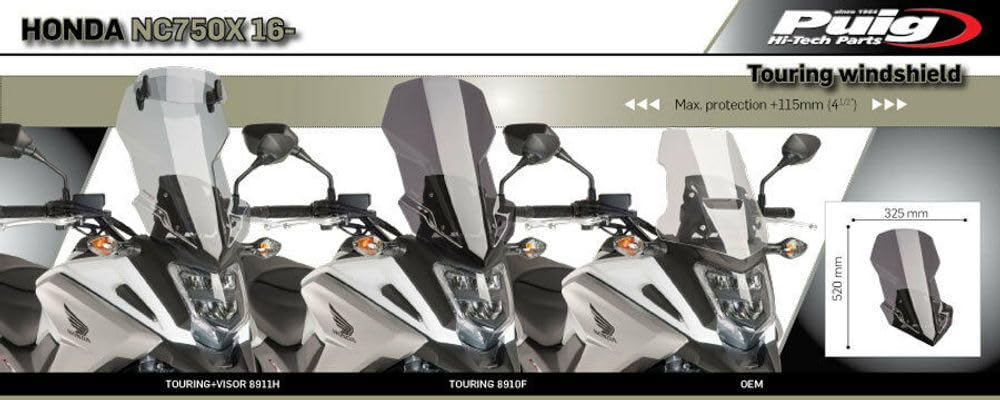 Puig 8910H Cupolino Touring alto e aerodinamico in acrilico CN da 4 mm con profilo arrotondato, zona superiore piatta e deflettori che migliorano la protezione, Fumé