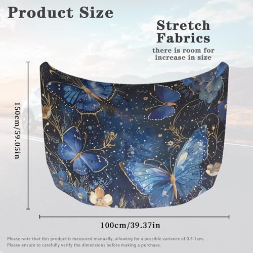 Image of Blue Butterfly Prints Car Hood Cover Elastic Polyester Protector for Car Hood Removable Automotive Accessories for Most Automotive Sedans Trucks Pickup SUVs