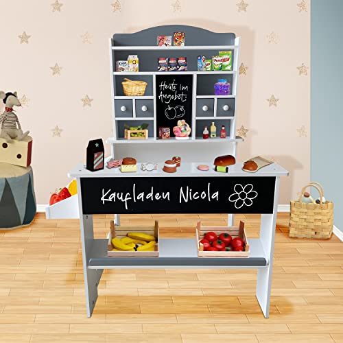 Coemo Kaufladen Nicola Kinder Kaufmannsladen aus Holz, Verkaufsstand Theke, Tafel, Seitentheke & Schublade Marktstand als tolles Geschenk, Grau – Bild 3