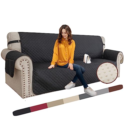 XINEAGE Quilted Sofa Cover Waterproof Couch Covers for 3 Cushion Couch, Super Soft Washable Slipcover with Pockets & Non-Slip Elastic Straps, Thick Furniture Protector (Sofa, Black)