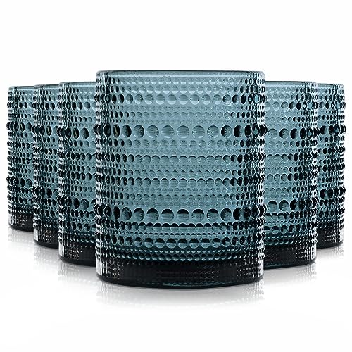 Hobnail Drinking Glasses Set of 6, Vintage Colored Glassware 11oz, Beverage Glass Cups for Water, Juice, Cocktail (Blue)