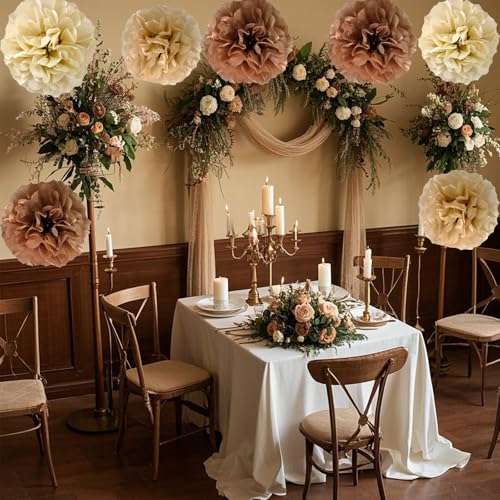 Image of We Moment Brown Tissue Paper Flowers Decorations for Boho Rustic Neutral Birthday Bridal Shower Wedding Baby Shower Party Decor Ceiling Wall Hanging Tissue Pom Poms 12pcs 5 Colors