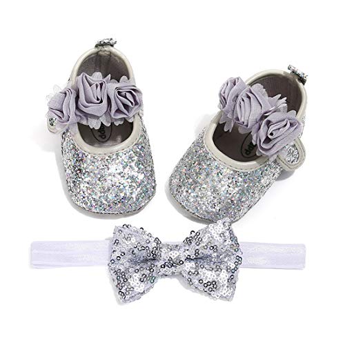 OAISNIT Baby Girl Mary Jane Flats Sparkly Soft Infant Princess Dress Crib Shoes with Headband