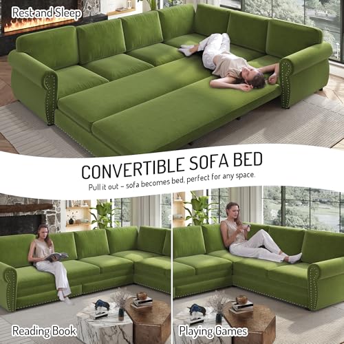 Image of KCGKCG 118 inch Sleeper Sofa Bed, Sectional Couches for Living Room /Apartment, Chenille L Shaped Couch with Pull Out Couch Bed, Convertible Sectional Sofa with Rolled Arm & Nailhead Trim, Light Green
