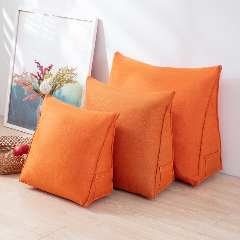 Triangular Reading Pillow with Side Pocket, Linen Backrest Support Cushion for Sofa Bed, (Vitality Orange, Medium 18.5 * 15.7 * 7.1in)