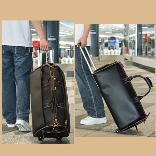 Men's Leather Duffle Bag with Wheels,Rolling Travel Luggage with Handle,Large Convertible Garment Weekender Bags3