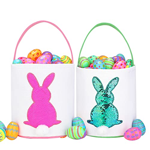 Easter Baskets for Kids - Boys and Girls Easter Egg Hunt Baskets, Cute Sequin Rabbit Bunny Printed Canvas Gift Basket for Baby, Easter Decorations Party Supplies (G-Green and Pink)