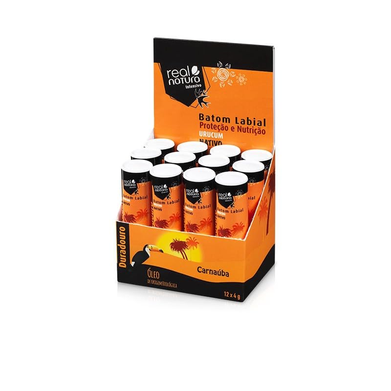 REAL NATURA Batom Urucum, pflanzlich, feuchtigkeitsspendend, natürliche Farbe, frei von Parabenen und Sulfaten, Box mit 12 Stück, für den täglichen Gebrauch