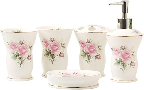 Tauzveok Juego de 5 accesorios de baño, dispensador de jabón, soporte para cepillos de dientes, vaso de baño, jabonera, decoración moderna de baño,