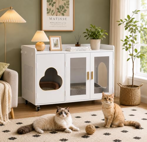 Image of White Large Hidden Cat Litter Box Enclosure, Modern Cat Litter Box Furniture with Glass Doors, Partitioned Cat House End Table for Indoor Cats, Fits Most Standard Litter Boxes