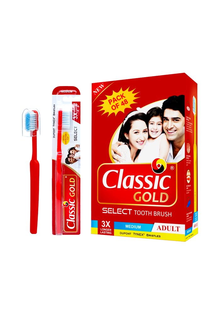 Classic Gold Select Medium Toothbrush For Adults Pack Of 48 With Dupont Tynex Bristles And Also Anti Bacterial Crystal Clear Cap (B09KNM4DVS) Amazon Price History, Amazon Price Tracker