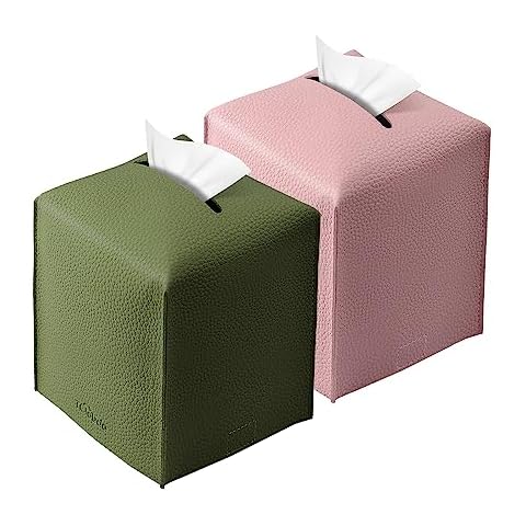 Tissue Box Cover, Tclouda, Modern PU Leather Square Tissue Box Holder for Creative Decorative, 2 Pack, Ideal for Bathrooms/Office/Nightstand Tent/Dining Table, 5"X5"X5", Green&Pink Cover