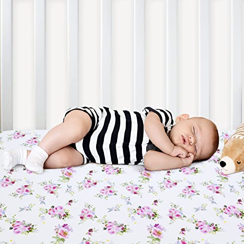 Image of Crib Sheets Girls 2 Pack Floral, Fitted Crib Sheet for Standard Size Crib and Toddler Mattresses, Soft and Breathable Material, Floral