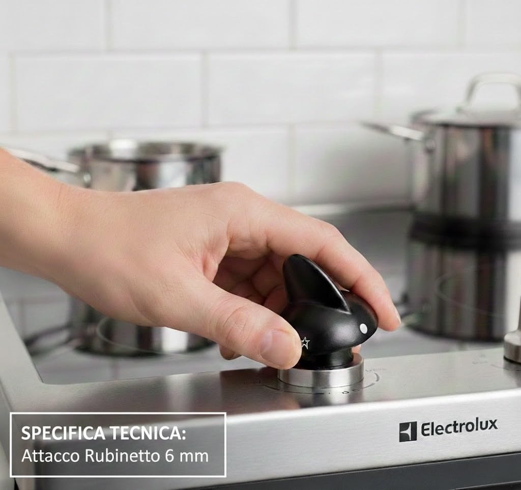 RYELDOM Kit 4 Manopole Cucina Compatibili Rex Electrolux – Manopole Piano Cottura Nere Attacco 6 mm, Ricambio Cucina Gas
