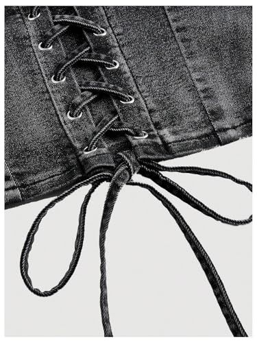 WDIRARA Women's Lace Up Front Denim Halter Tops Deep V Neck Tie Back Smocked Sleeveless Crop Top3